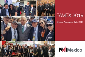 Group photo of attendees at FAMEX 2019 Mexico Aerospace Fair showcasing industry professionals and exhibitors